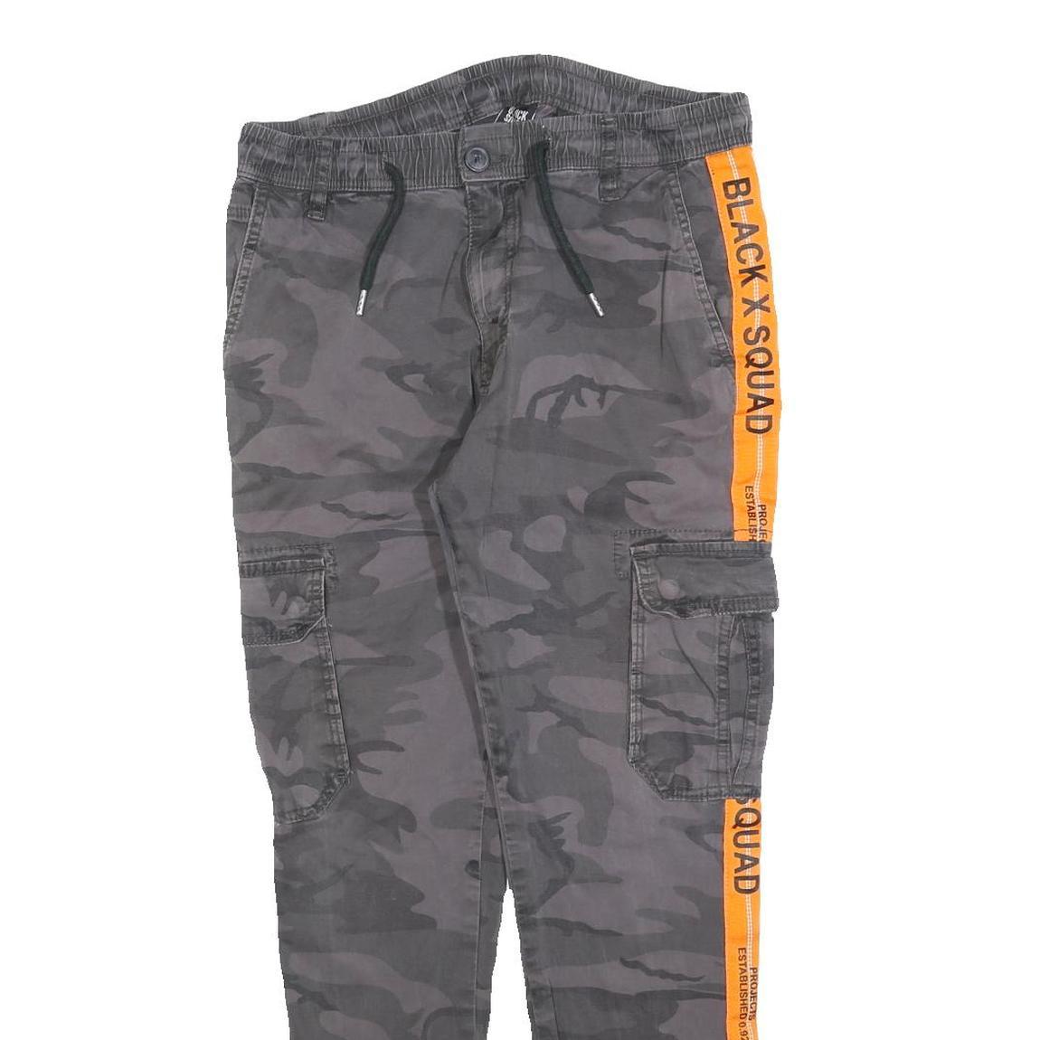 BLACK SQUAD Mens Cotton Blend Slim Tapered Black Camouflage Orange Stripe