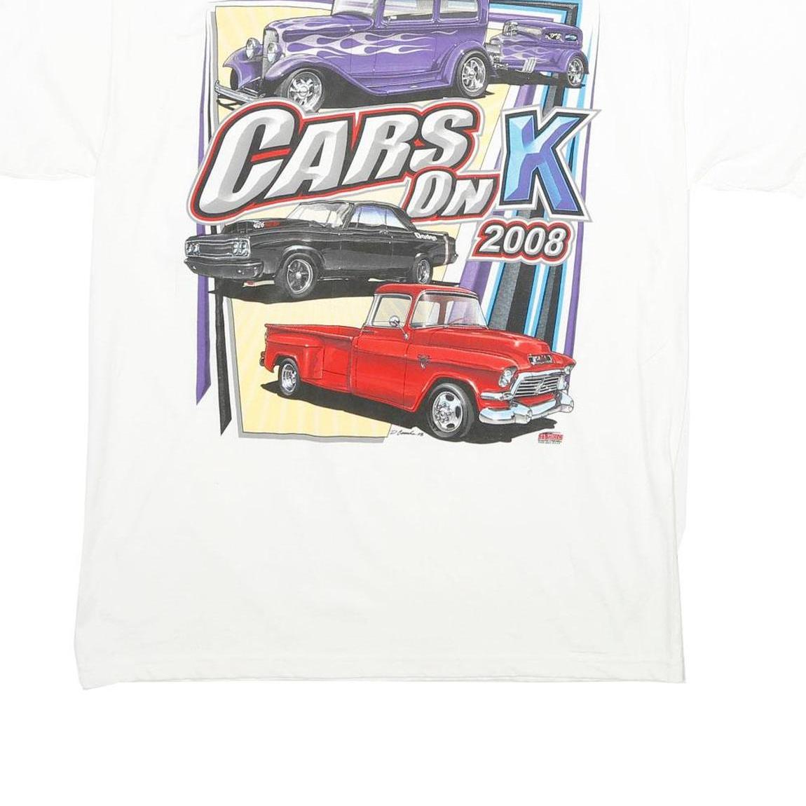 HANES Mens White Cars On K 2008 Graphic T-Shirt L Short Sleeve Crew Neck Casual