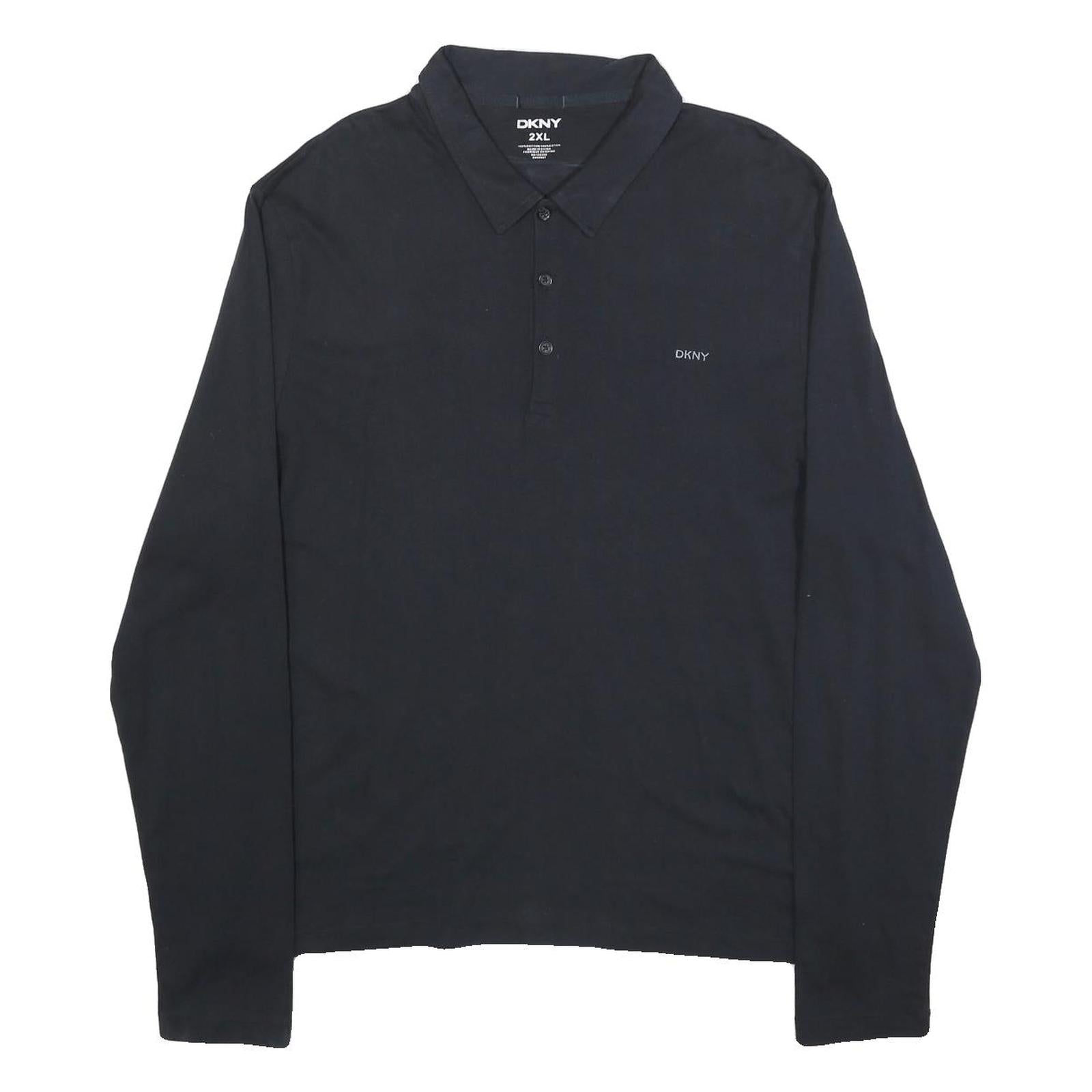 DKNY Mens Black Long Sleeve Plain Polo Shirt 2XL Cotton Blend Classic Fit
