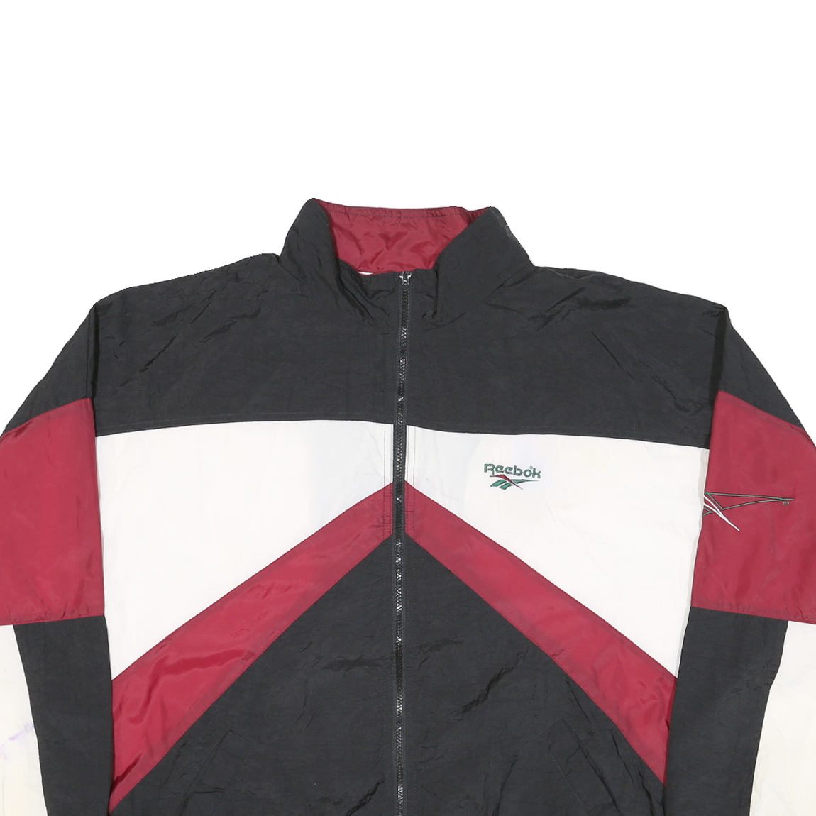 REEBOK Mens Black & Burgundy Track Jacket XL Nylon Colourblock Zip Stand-Up