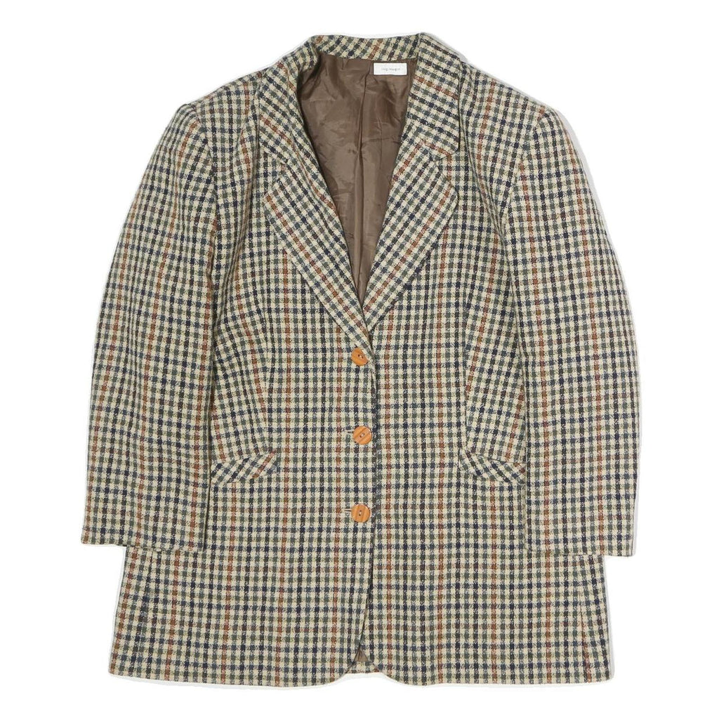 Womens Brown Beige Check Button Cotton Jacket L Woven Classic Tailored