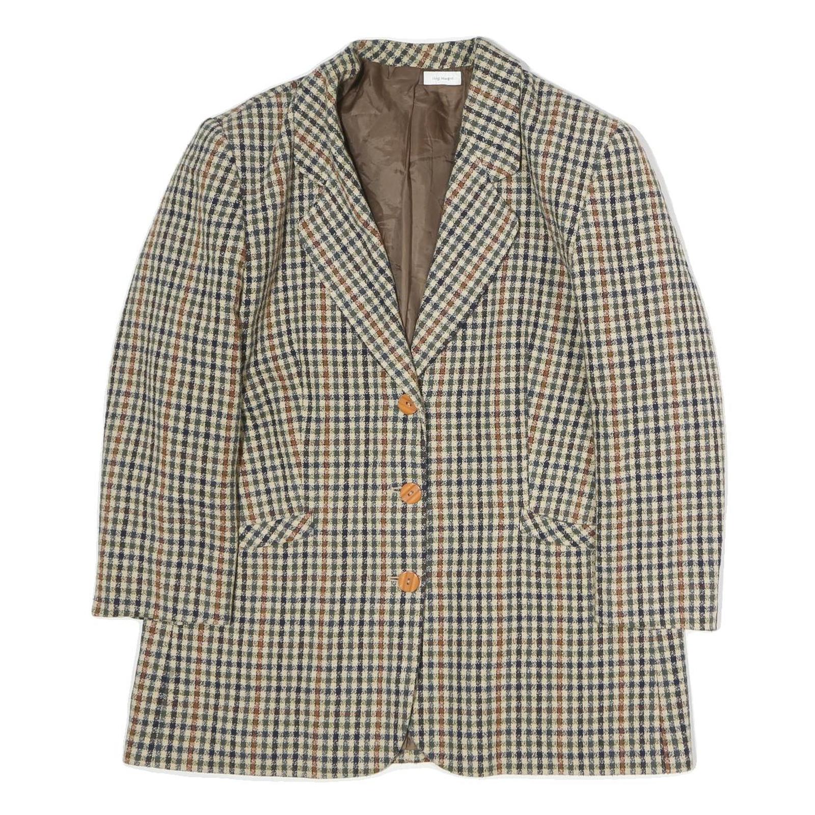 Womens Brown Beige Check Button Cotton Jacket L Woven Classic Tailored