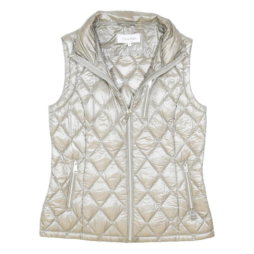 CALVIN KLEIN Womens Silver Quilted Sleeveless Jacket M Polyester Blend Zip
