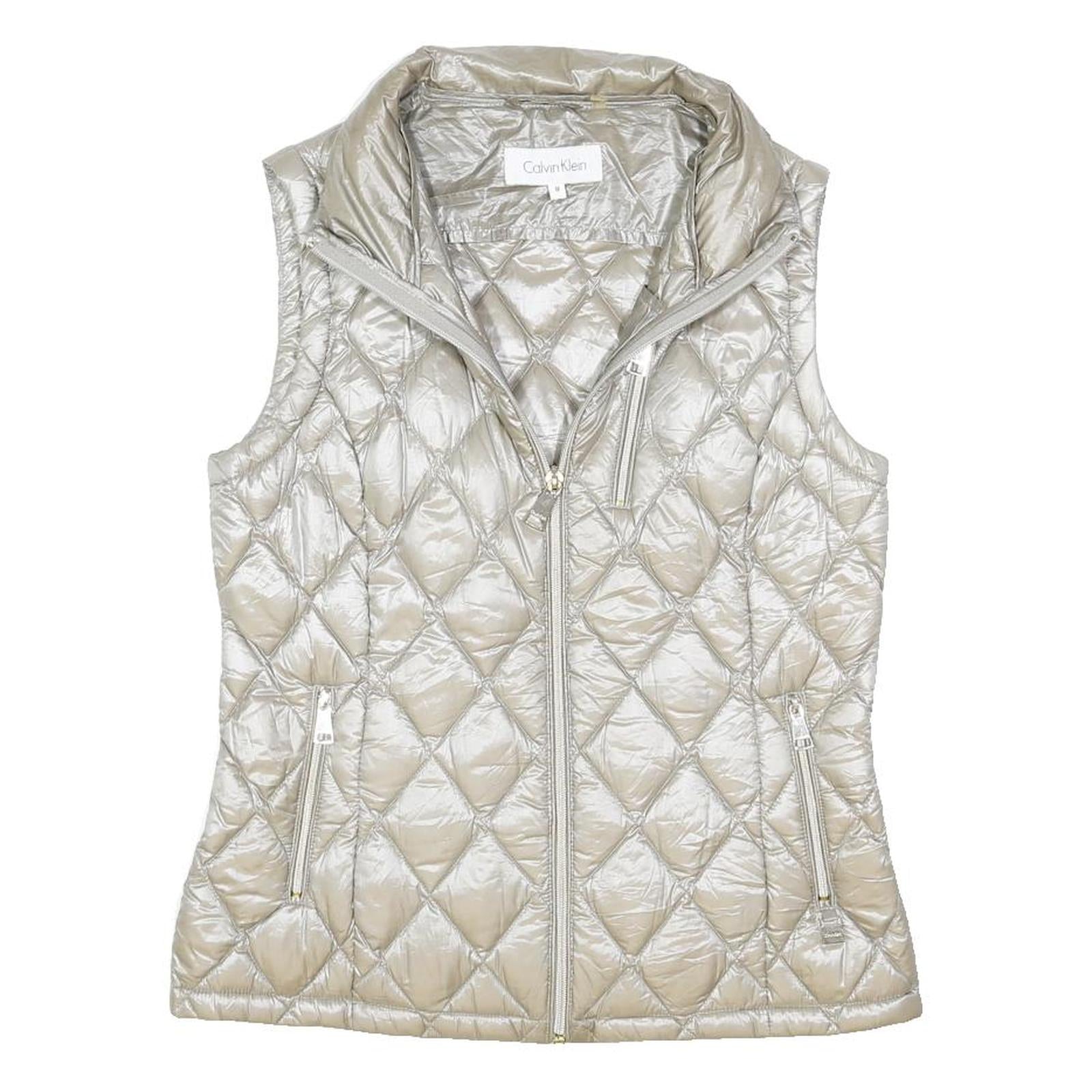 CALVIN KLEIN Womens Silver Quilted Sleeveless Jacket M Polyester Blend Zip