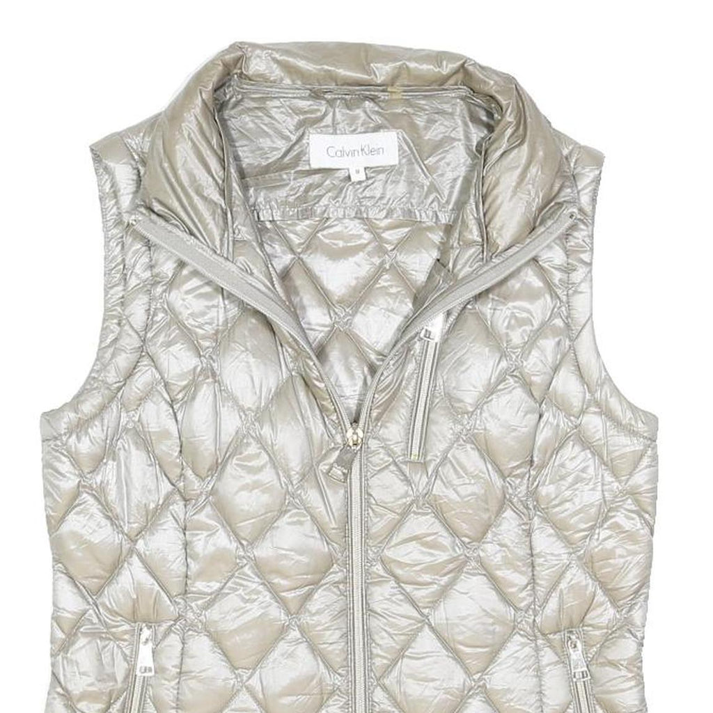 CALVIN KLEIN Womens Silver Quilted Sleeveless Jacket M Polyester Blend Zip