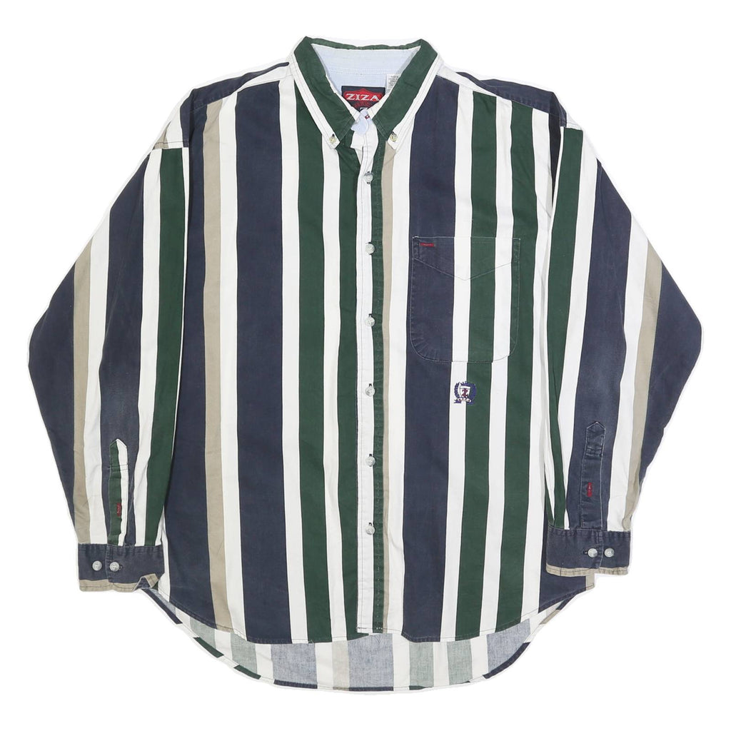 ZIZA Mens Blue Green & Beige Striped Shirt XL Button Down Casual Cotton