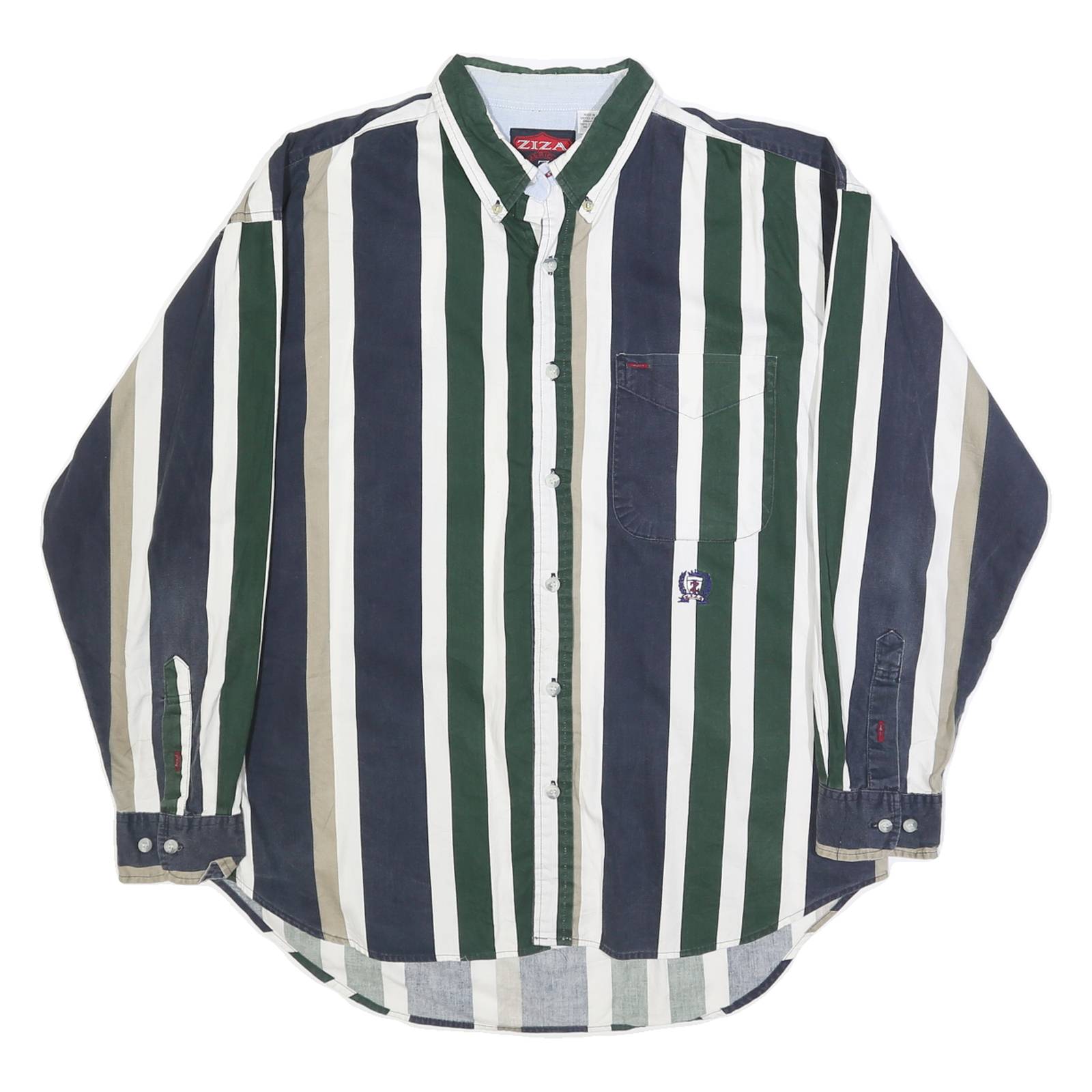 ZIZA Mens Blue Green & Beige Striped Shirt XL Button Down Casual Cotton