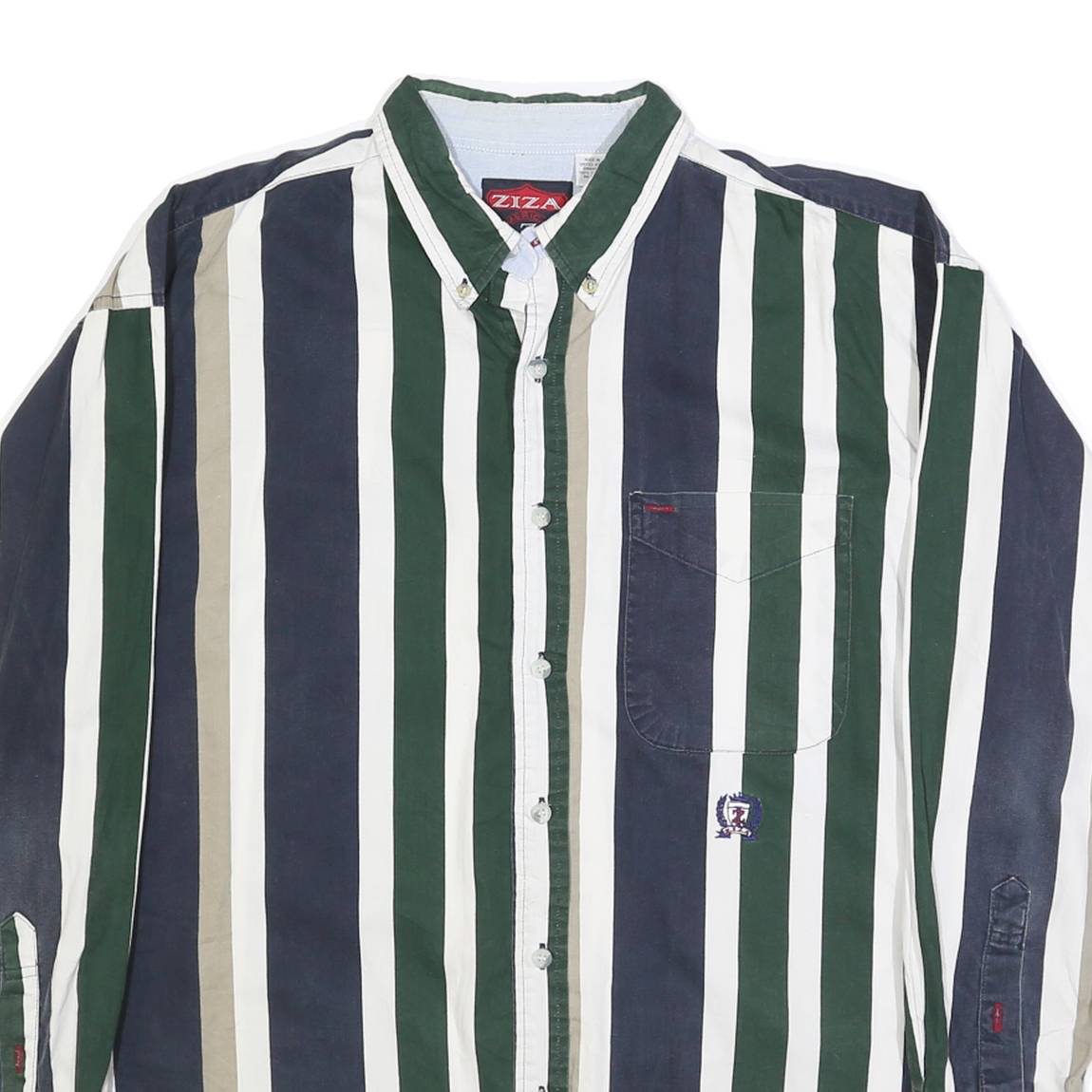 ZIZA Mens Blue Green & Beige Striped Shirt XL Button Down Casual Cotton
