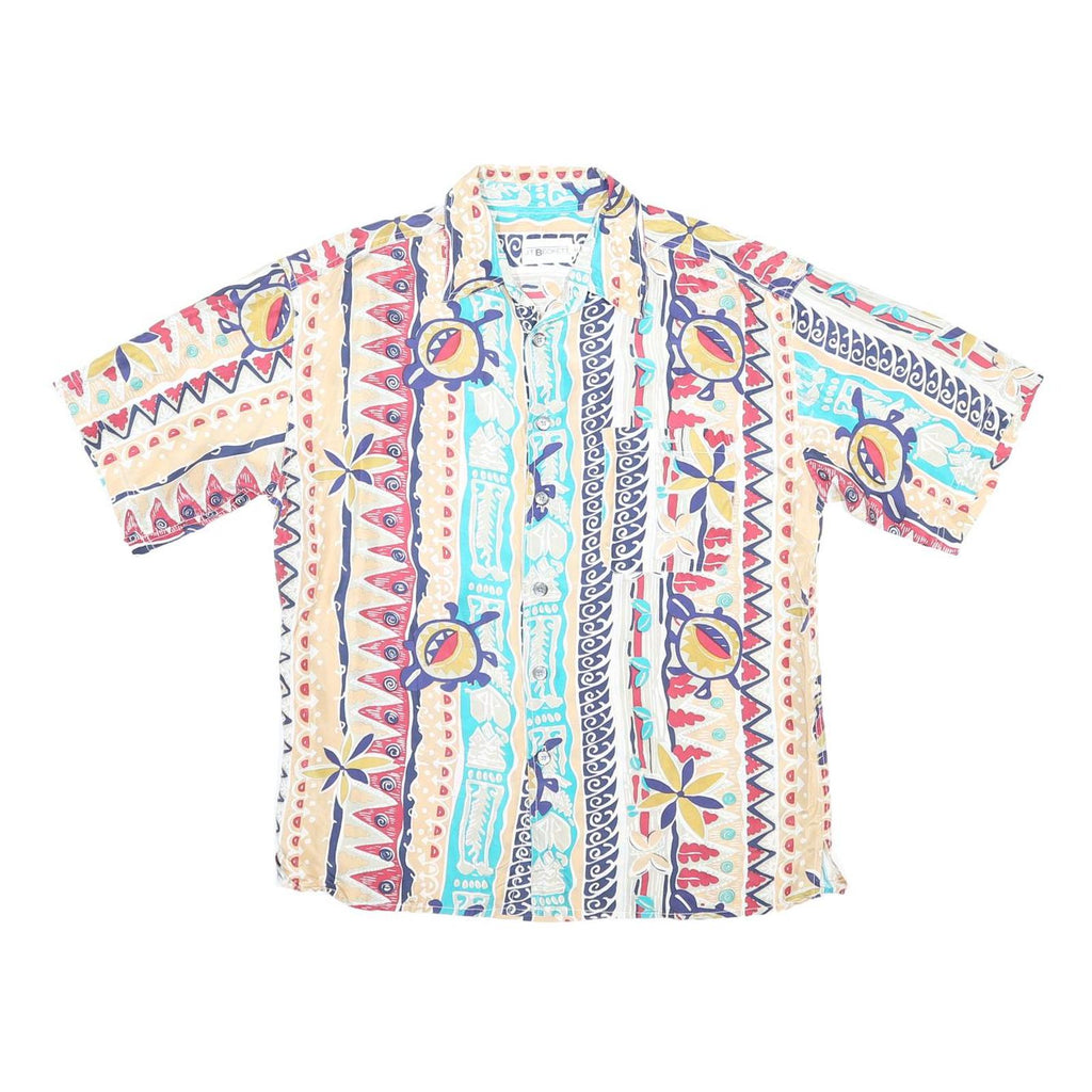 J.T BECKETT Mens Beige & Blue Pattern Silk Shirt M Casual Lightweight Short