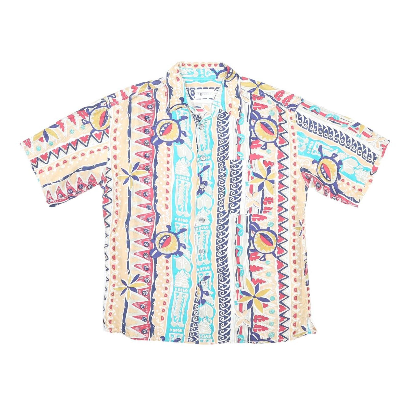 J.T BECKETT Mens Beige & Blue Pattern Silk Shirt M Casual Lightweight Short