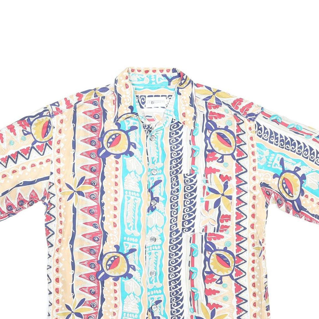 J.T BECKETT Mens Beige & Blue Pattern Silk Shirt M Casual Lightweight Short