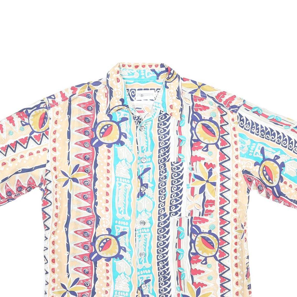 J.T BECKETT Mens Beige & Blue Pattern Silk Shirt M Casual Lightweight Short