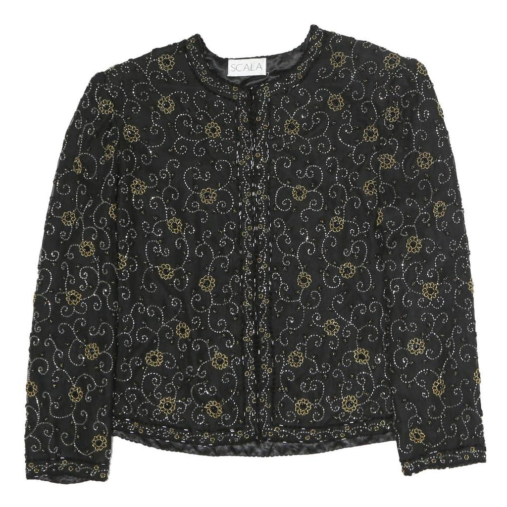 SCALA Womens Black Printed Blouse Long Sleeve Round Neck L Elegant Top