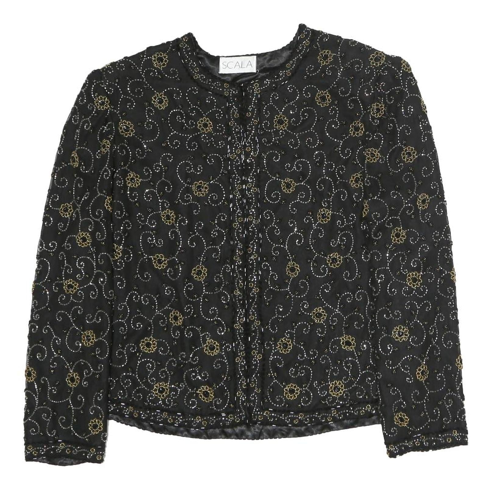 SCALA Womens Black Printed Blouse Long Sleeve Round Neck L Elegant Top