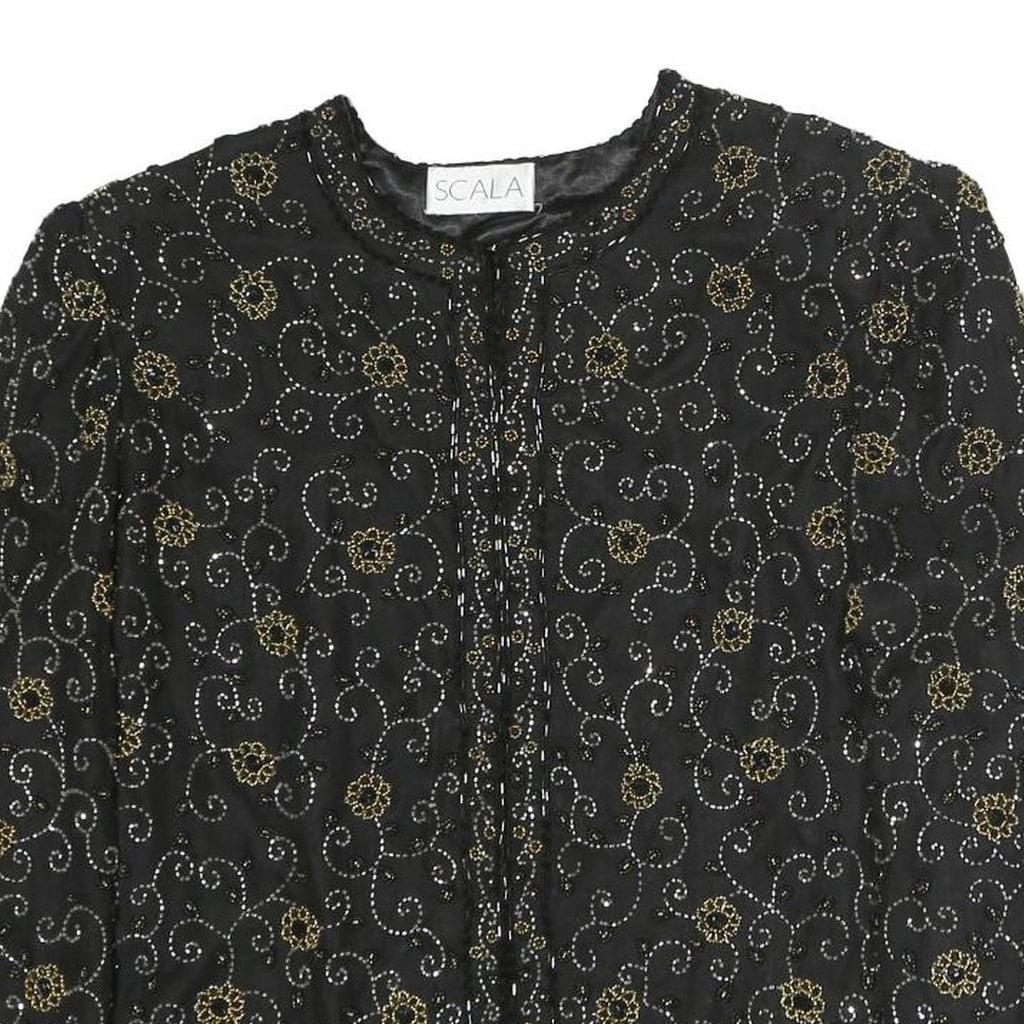 SCALA Womens Black Printed Blouse Long Sleeve Round Neck L Elegant Top