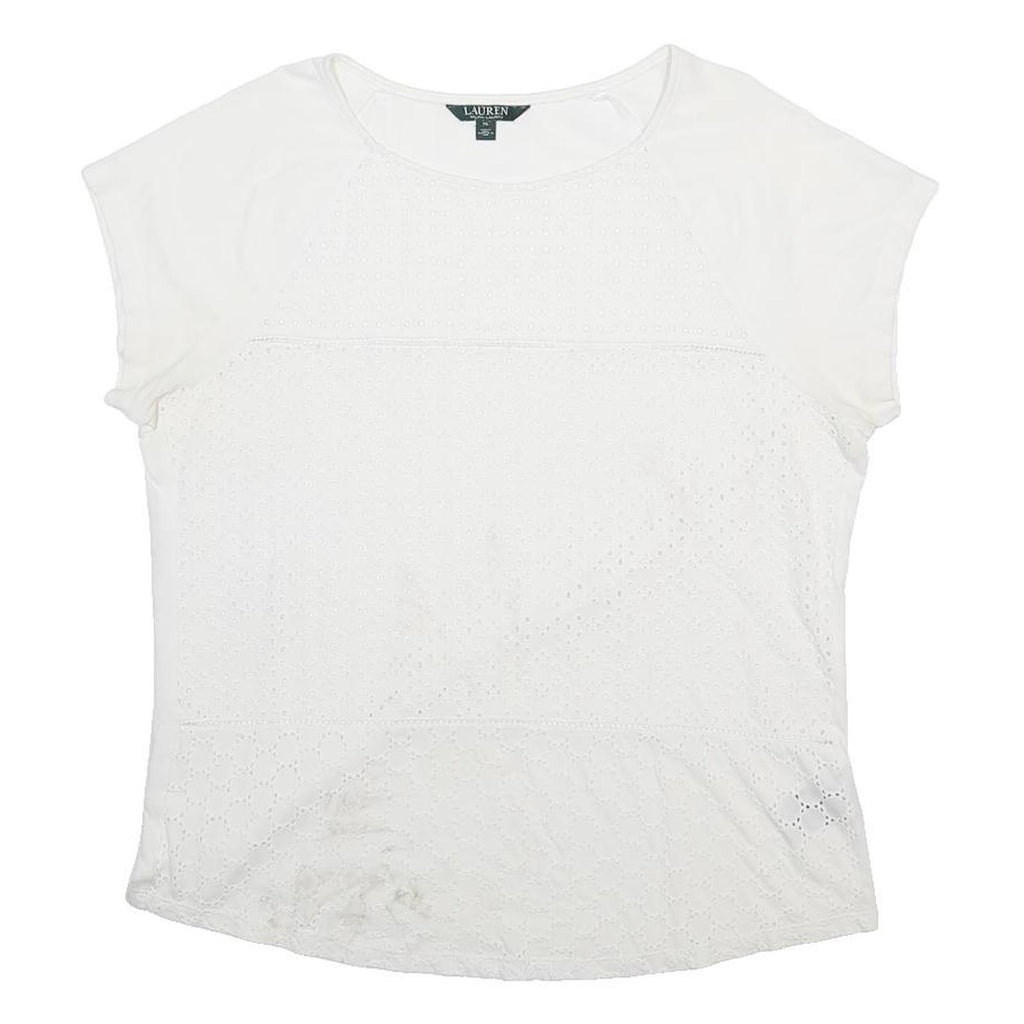 LAUREN RALPH LAUREN Womens White Cotton Eyelet Top Short Sleeve Round Neck XL