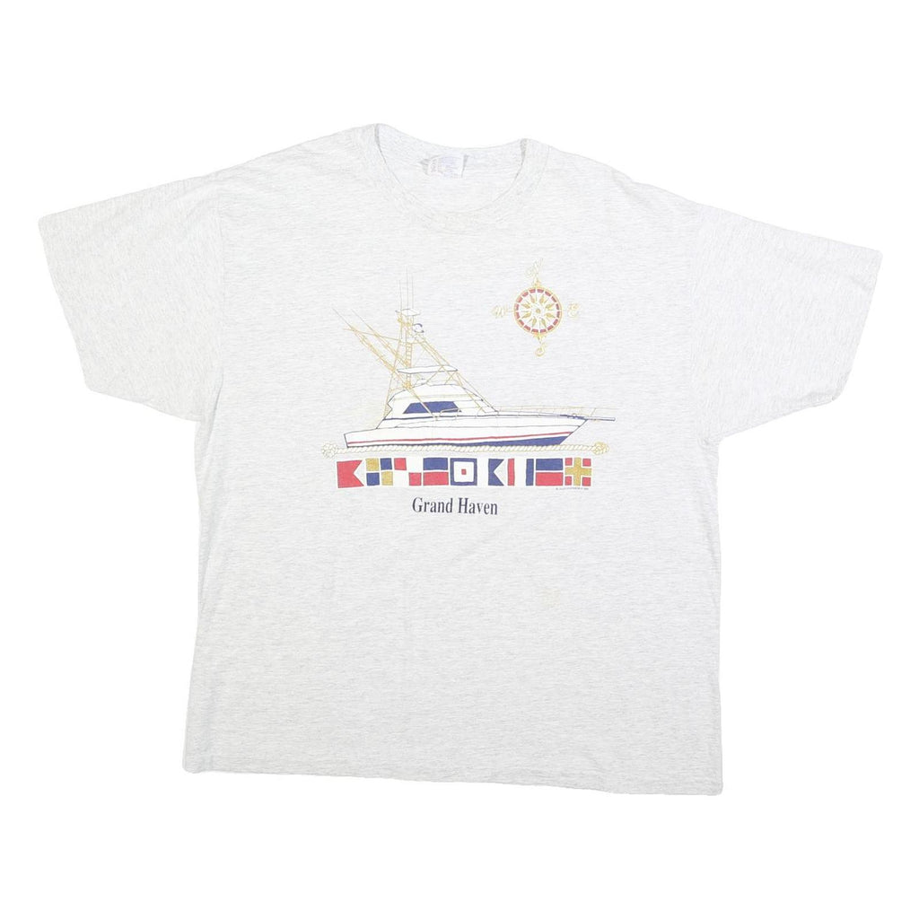 HANES Womens White Yacht Graphic T-Shirt XL Short Sleeve Crew Neck Casual Cotton