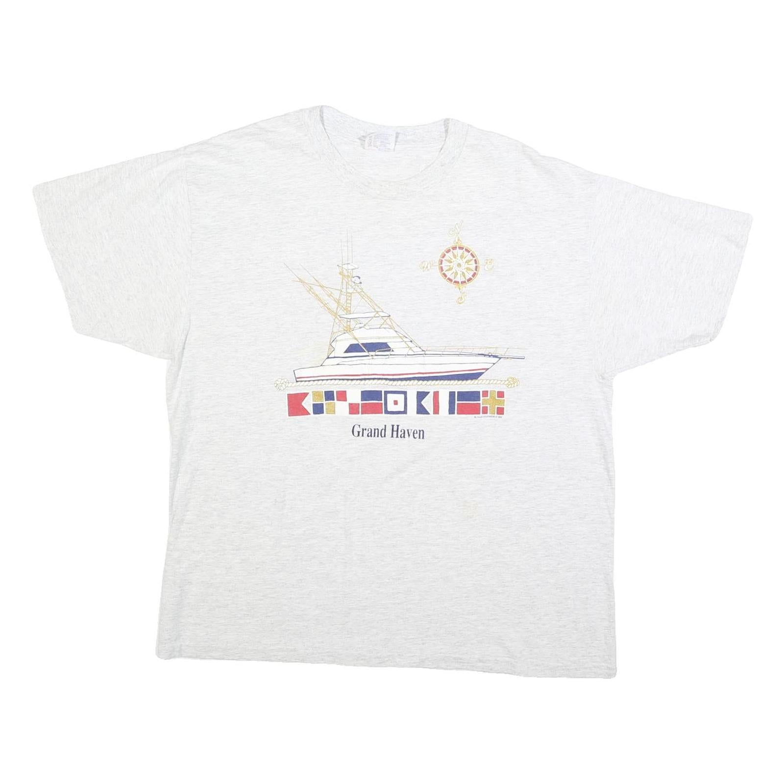 HANES Womens White Yacht Graphic T-Shirt XL Short Sleeve Crew Neck Casual Cotton