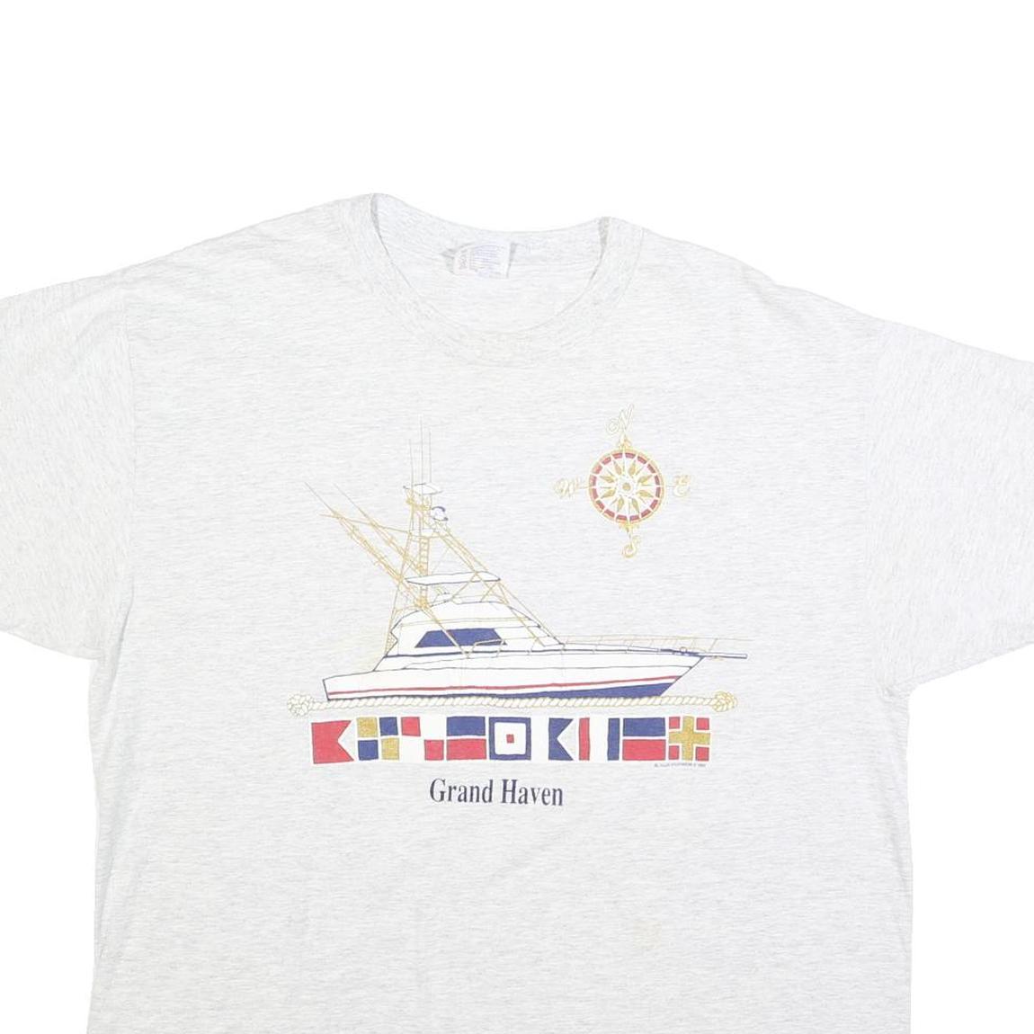 HANES Womens White Yacht Graphic T-Shirt XL Short Sleeve Crew Neck Casual Cotton