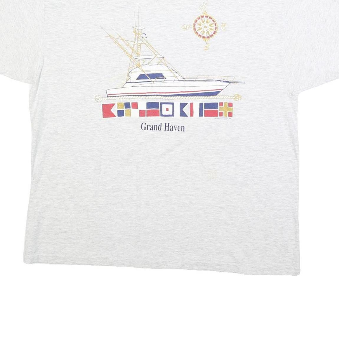 HANES Womens White Yacht Graphic T-Shirt XL Short Sleeve Crew Neck Casual Cotton