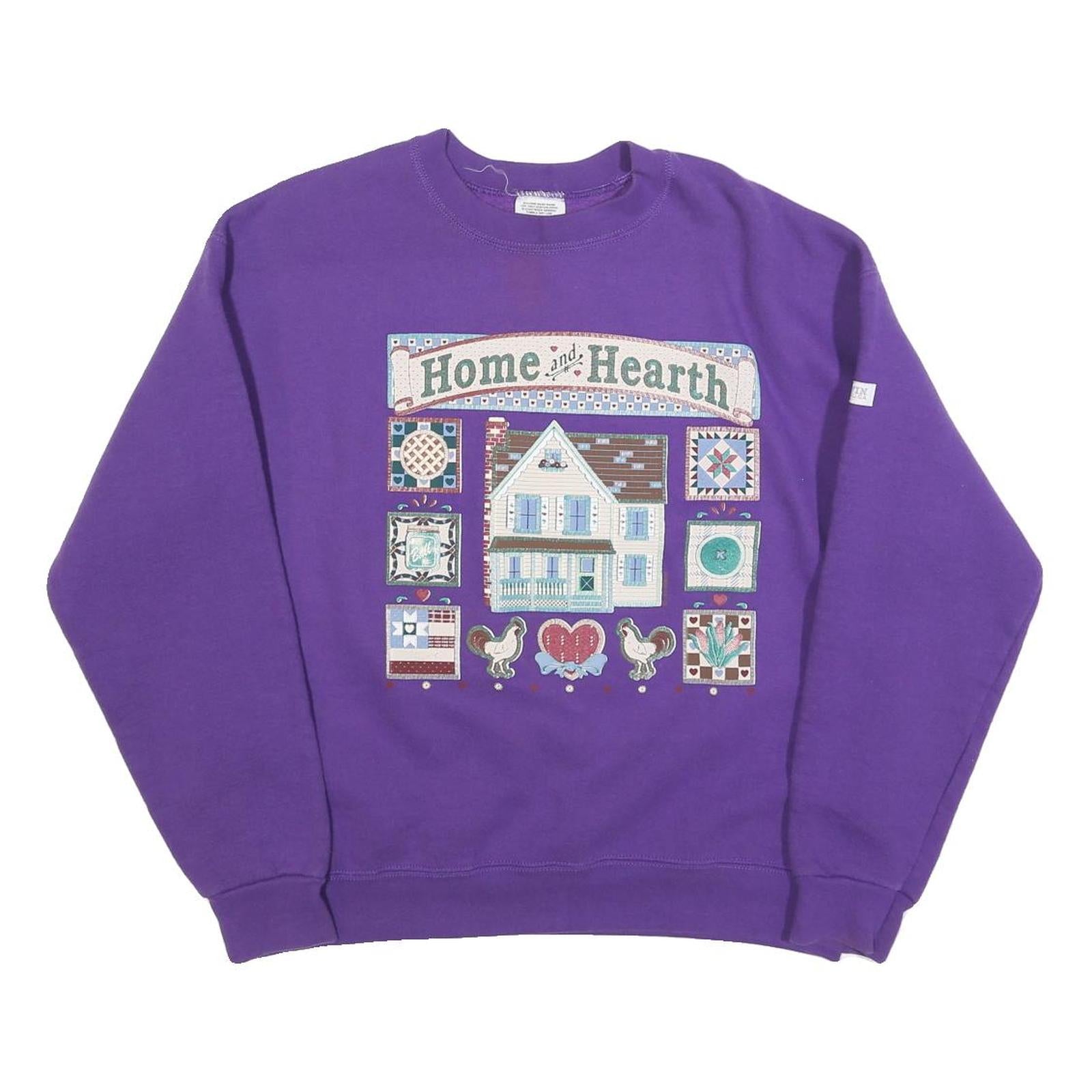 Womens Purple Home And Hearth Graphic Crew Neck L Sweatshirt Cotton Blend