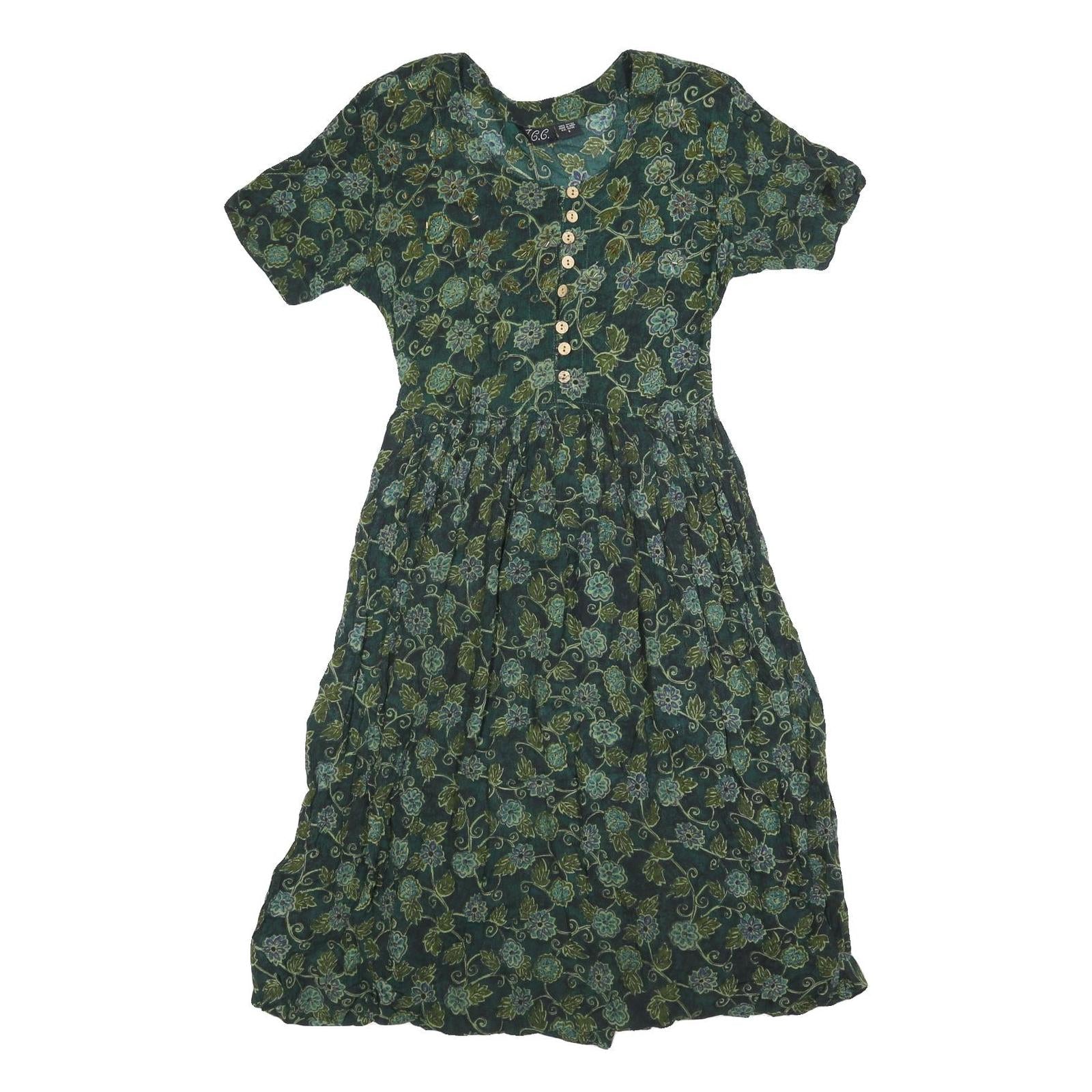 JCC Womens Green Floral Cotton Blend Day Dress Short Sleeve S Summer
