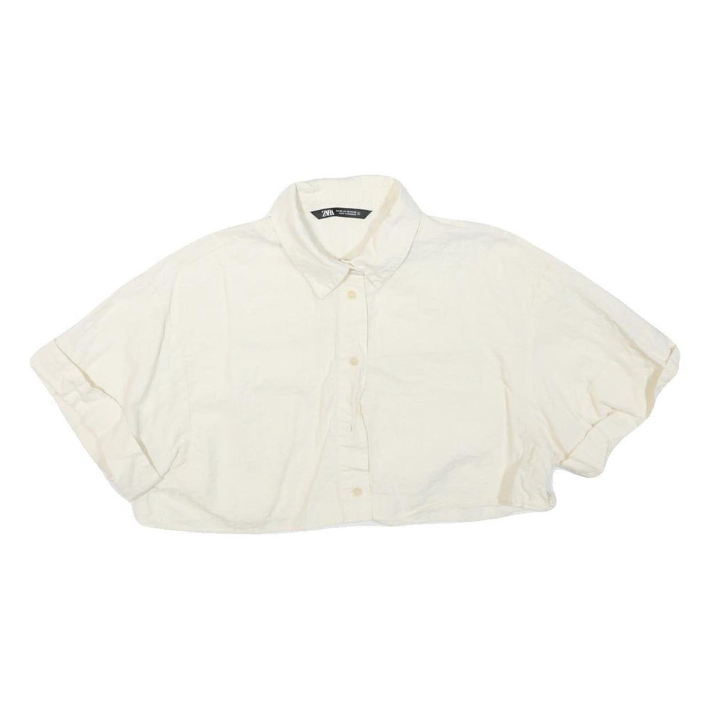 ZARA Womens White Basic Cropped Short Sleeve Collared Shirt XS Lightweight