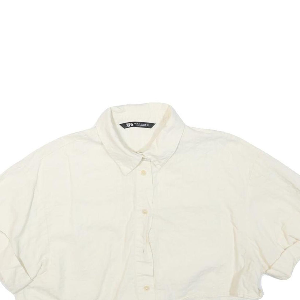 ZARA Womens White Basic Cropped Short Sleeve Collared Shirt XS Lightweight