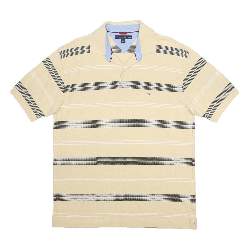 TOMMY HILFIGER Mens Beige & Black Striped Polo Shirt L Short Sleeve Cotton