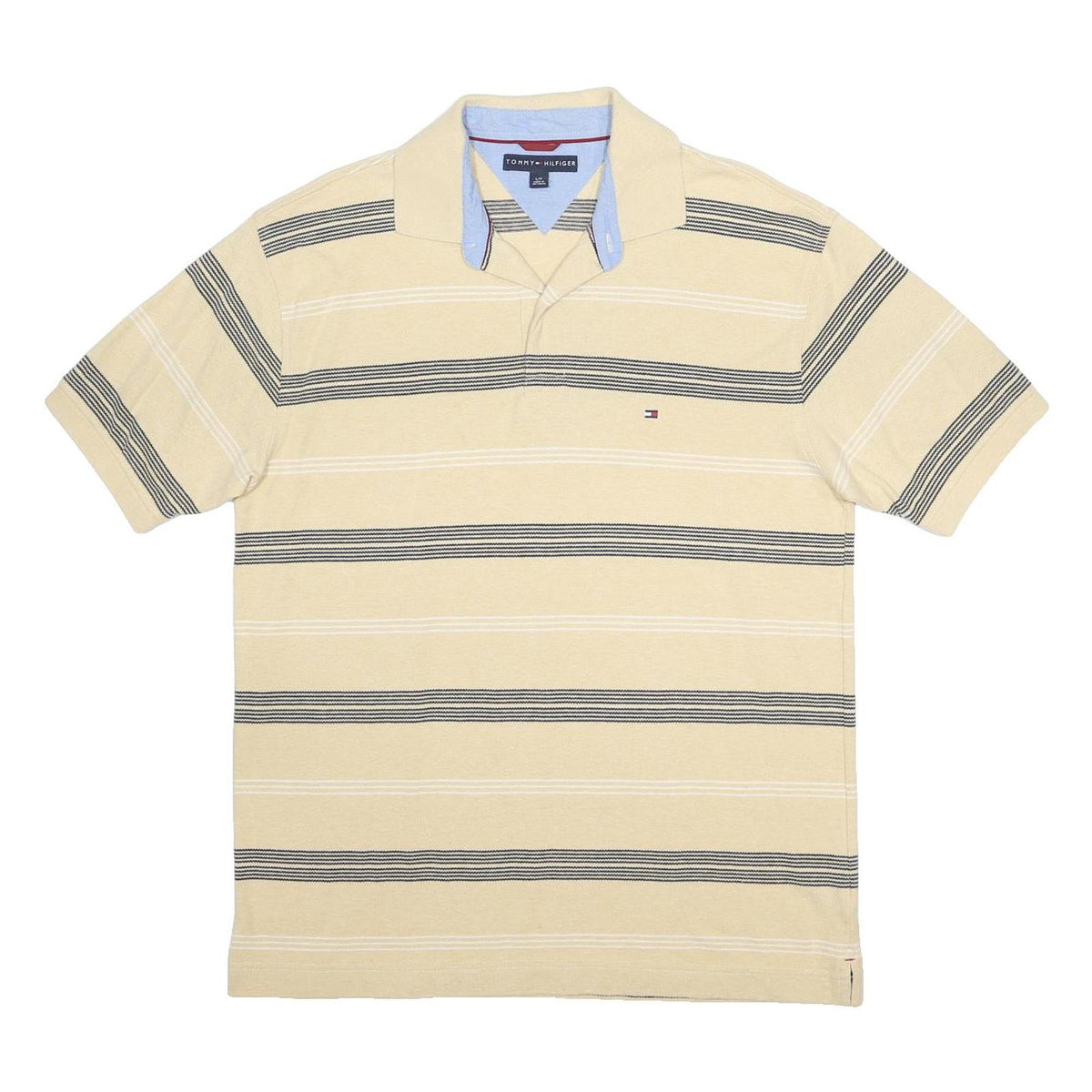 TOMMY HILFIGER Mens Beige & Black Striped Polo Shirt L Short Sleeve Cotton