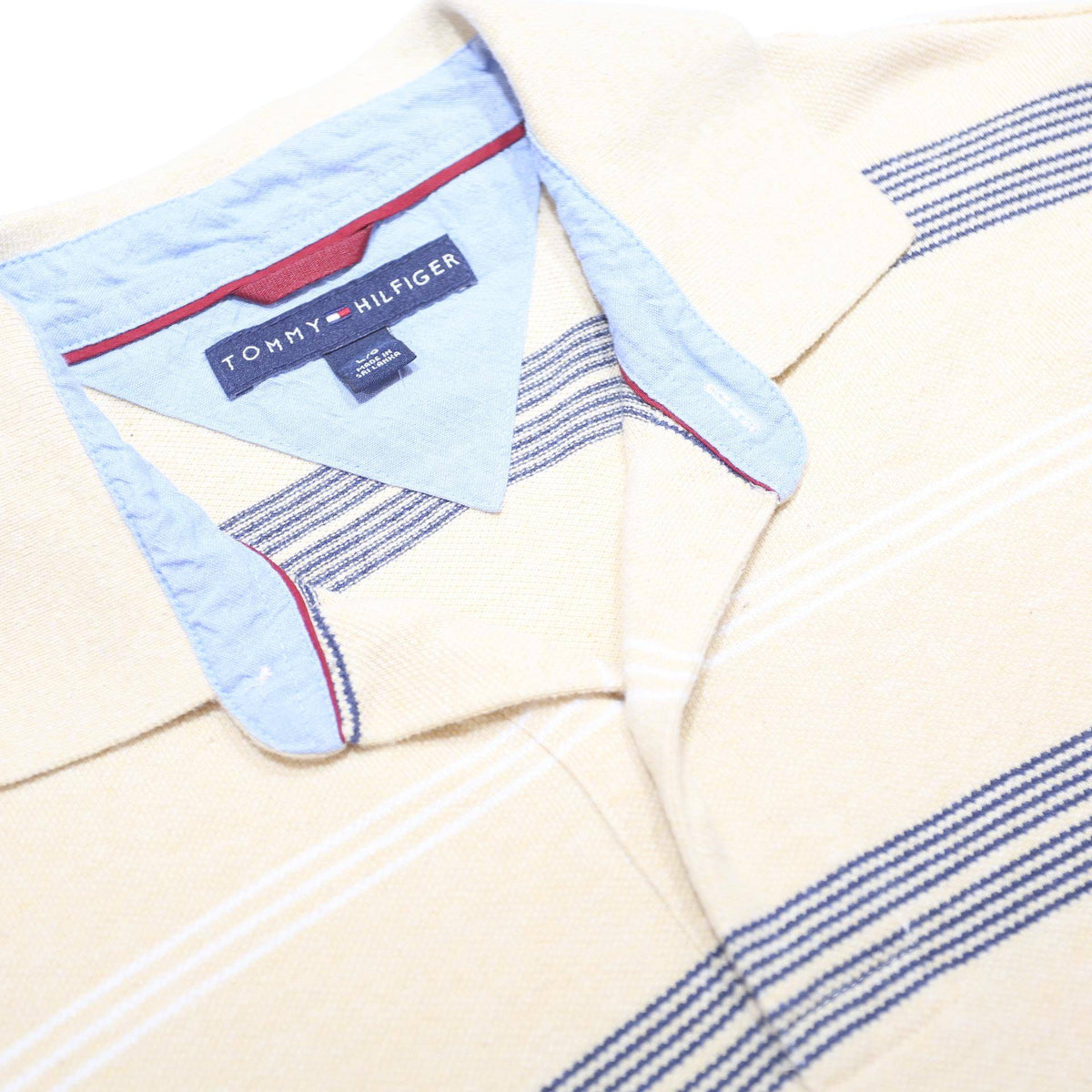 TOMMY HILFIGER Mens Beige & Black Striped Polo Shirt L Short Sleeve Cotton