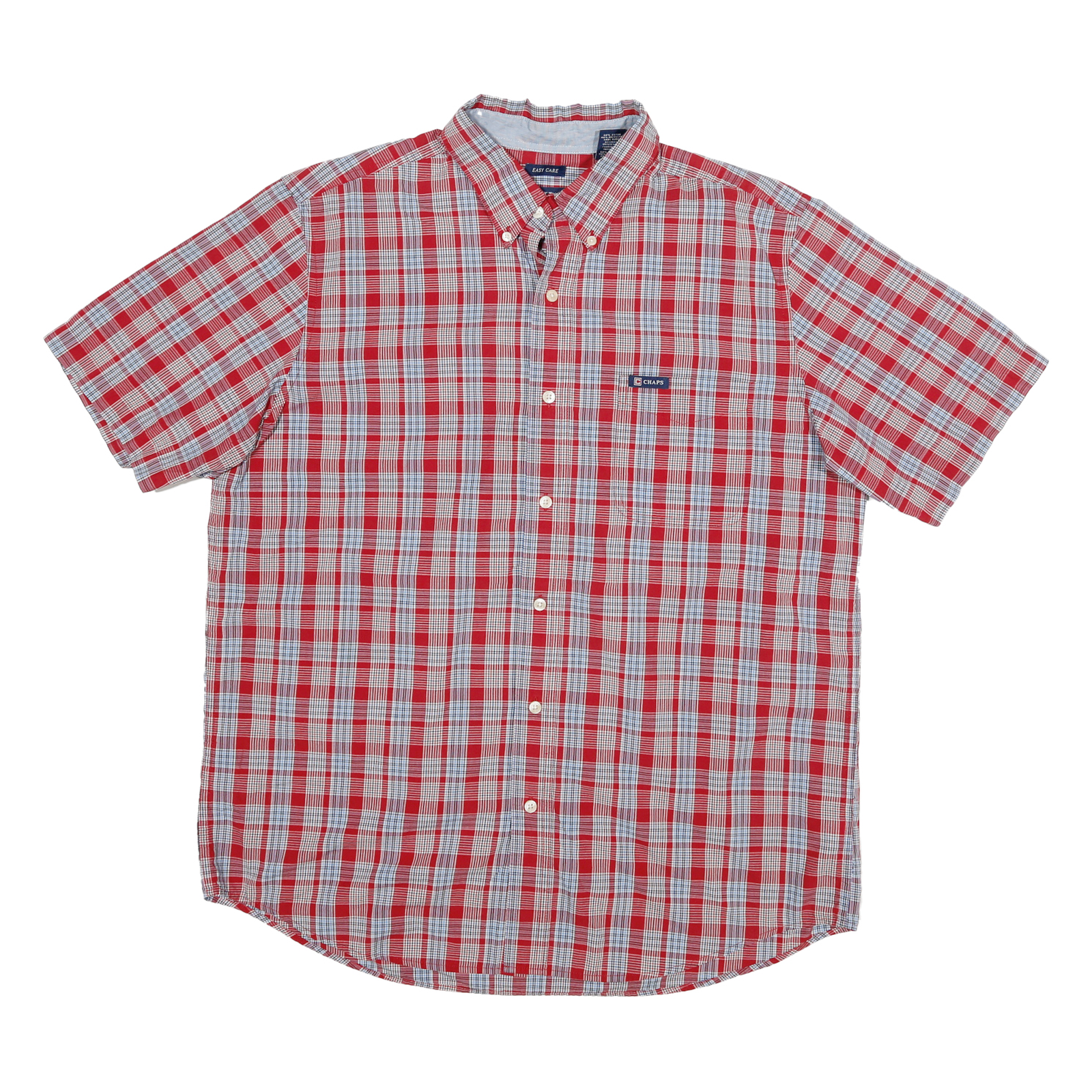 CHAPS Mens Red & White Checked Short Sleeve Shirt L Casual Cotton Blend Button