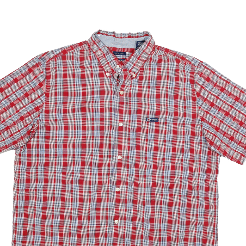 CHAPS Mens Red & White Checked Short Sleeve Shirt L Casual Cotton Blend Button