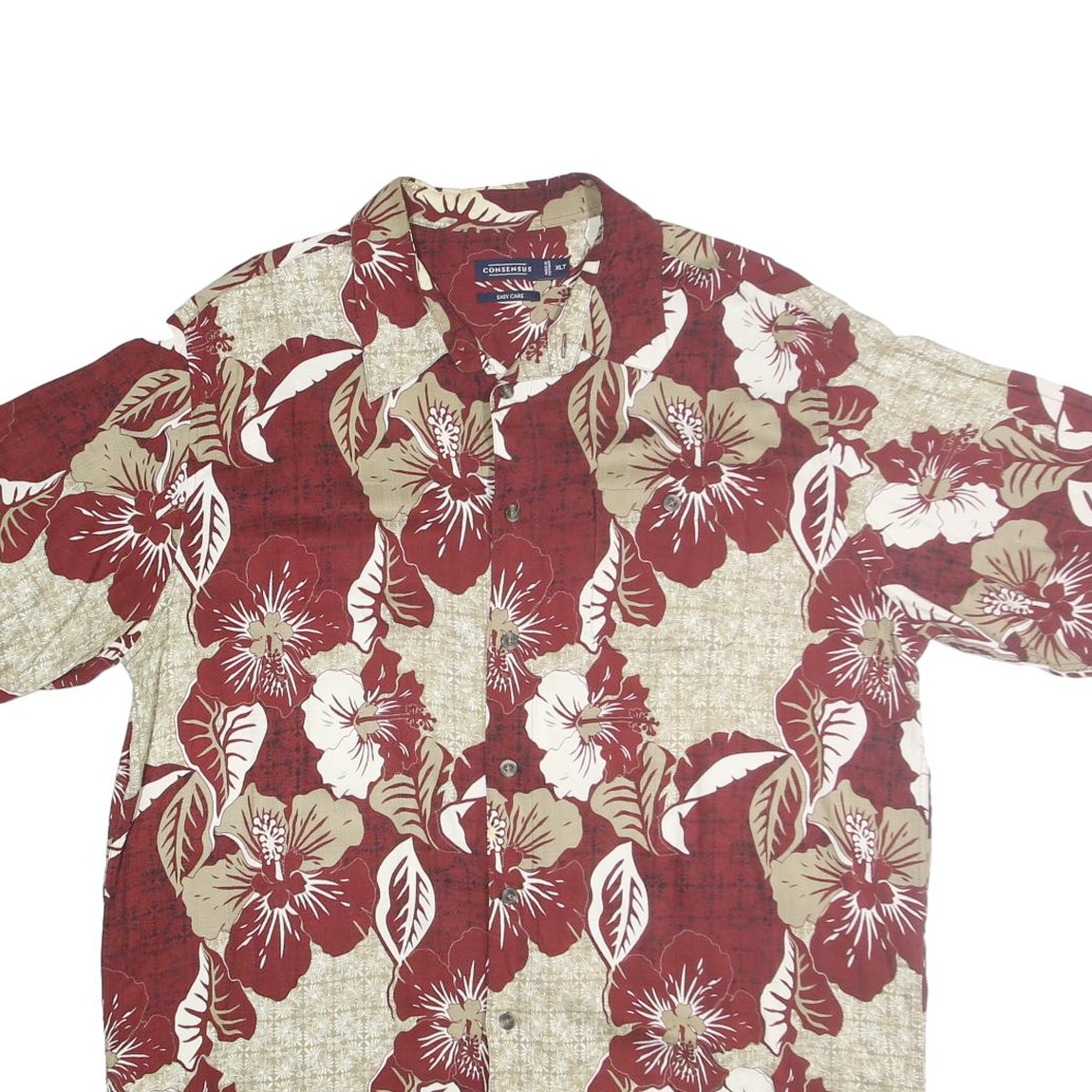 CONSENSUS Mens Red & Cream Floral Rayon Shirt XL Hawaiian Print Casual Summer