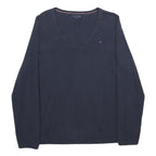 TOMMY HILFIGER Womens Navy Plain Cotton Blend Jumper V Neck Basic Knit L