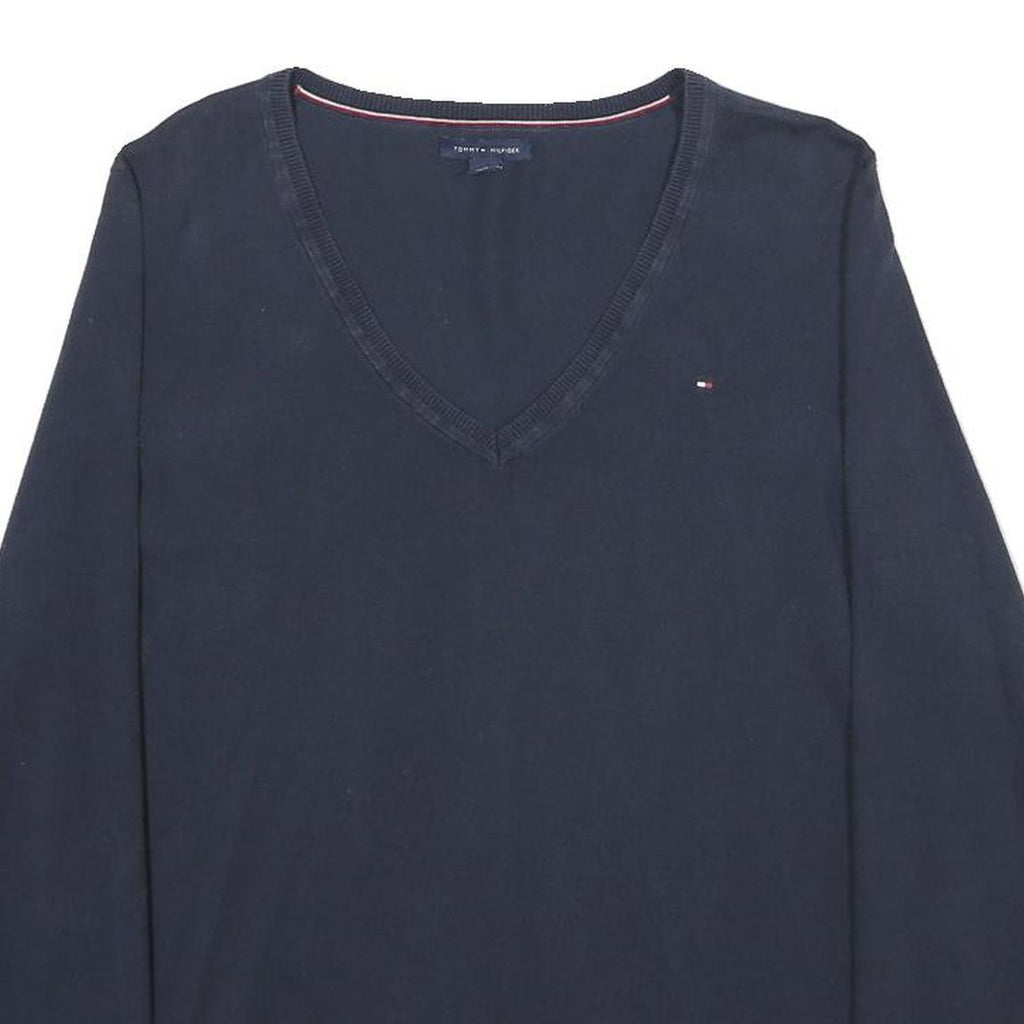 TOMMY HILFIGER Womens Navy Plain Cotton Blend Jumper V Neck Basic Knit L