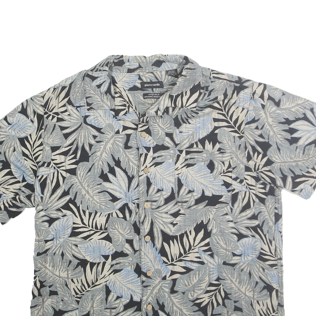 PIERRE CARDIN Mens Black & Grey Leaf Print Silk Shirt M Summer Casual