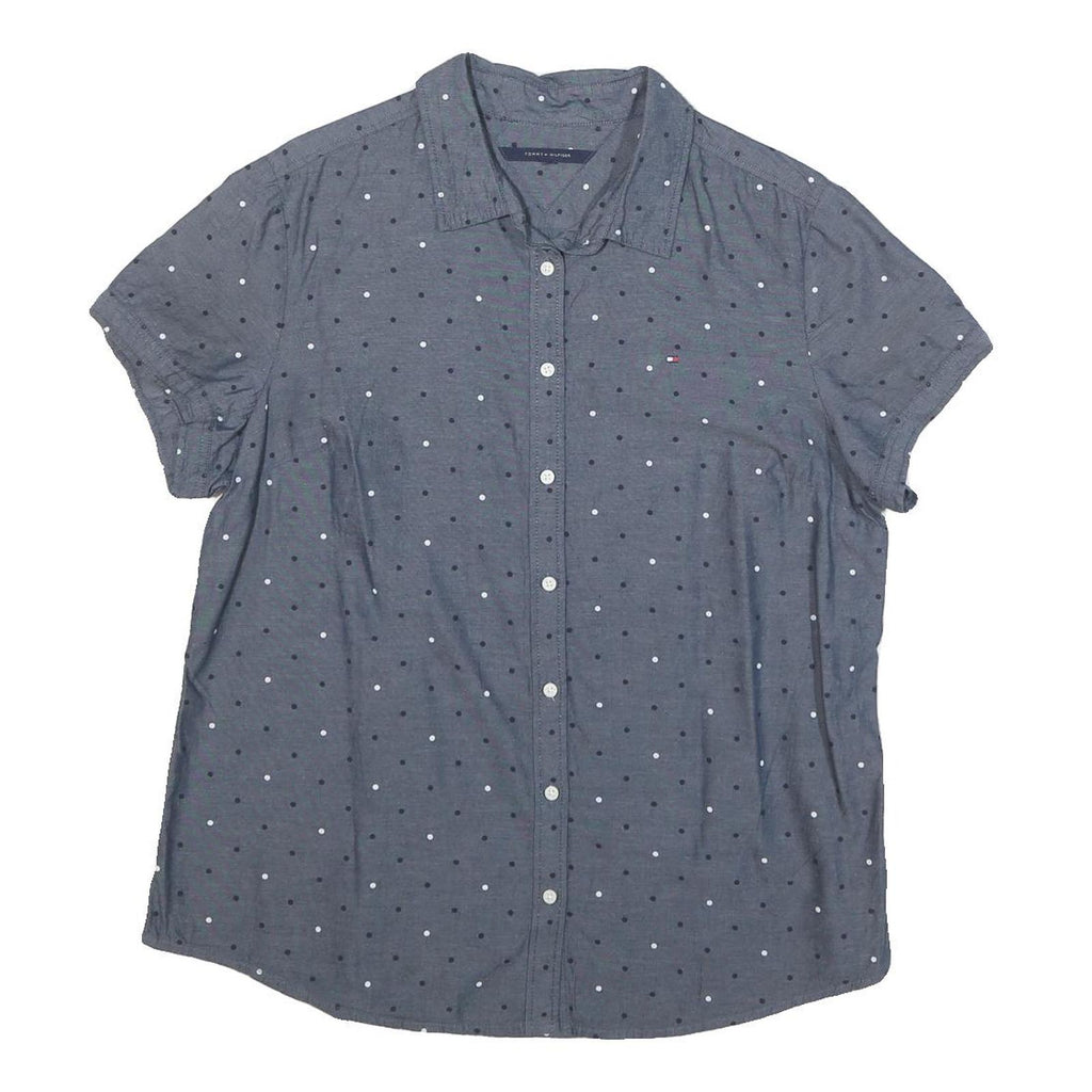 TOMMY HILFIGER Womens Blue Polka Dot Shirt L Cotton Blend Casual Short Sleeve