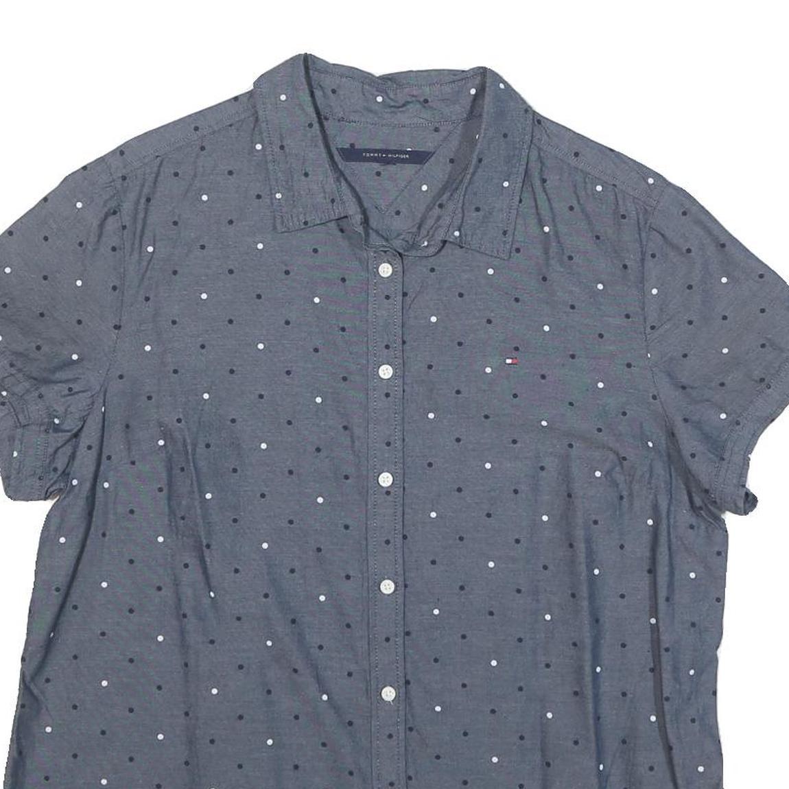 TOMMY HILFIGER Womens Blue Polka Dot Shirt L Cotton Blend Casual Short Sleeve