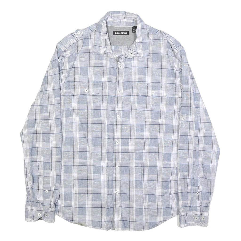 DKNY Mens Blue White Check Shirt L Casual Cotton Long Sleeve Button Shirt