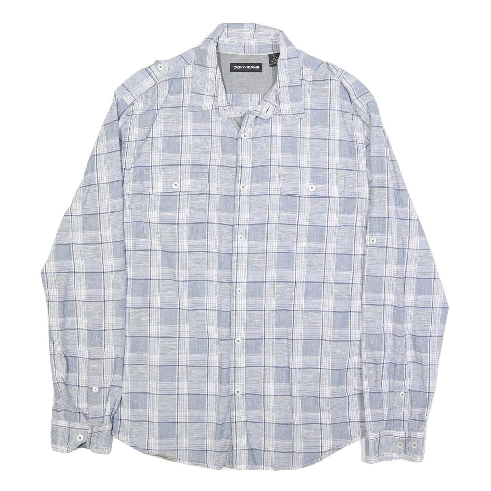 DKNY Mens Blue White Check Shirt L Casual Cotton Long Sleeve Button Shirt
