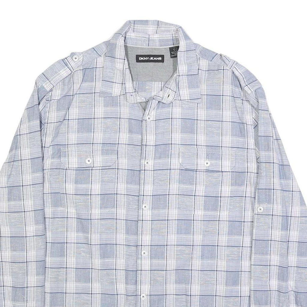DKNY Mens Blue White Check Shirt L Casual Cotton Long Sleeve Button Shirt