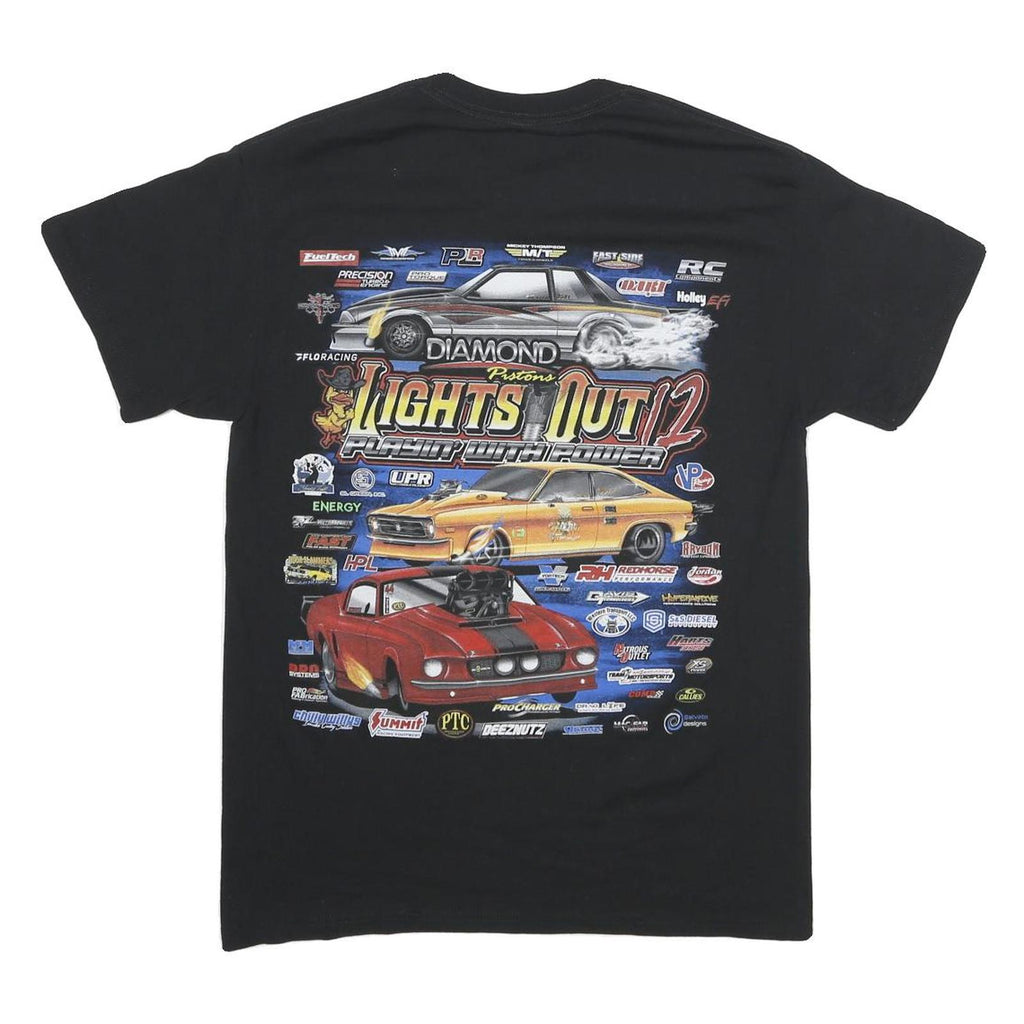 Mens Black Graphic T-Shirt S Short Sleeve Crew Neck Race Car Print