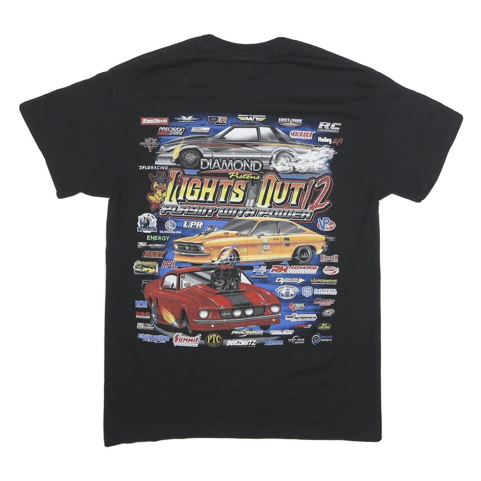 Mens Black Graphic T-Shirt S Short Sleeve Crew Neck Race Car Print