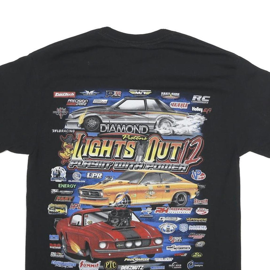 Mens Black Graphic T-Shirt S Short Sleeve Crew Neck Race Car Print