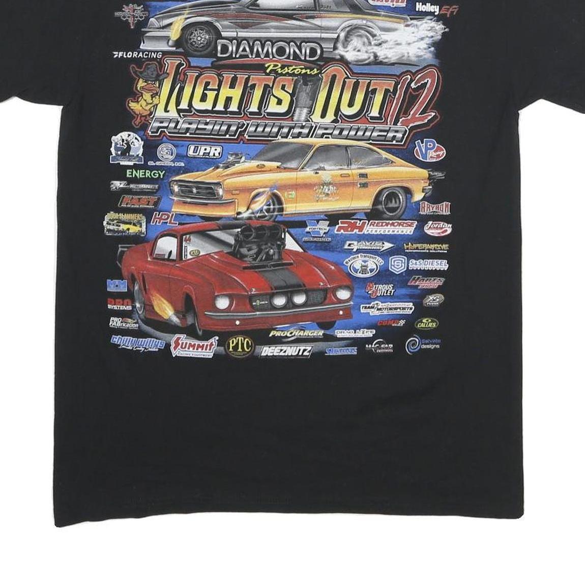 Mens Black Graphic T-Shirt S Short Sleeve Crew Neck Race Car Print