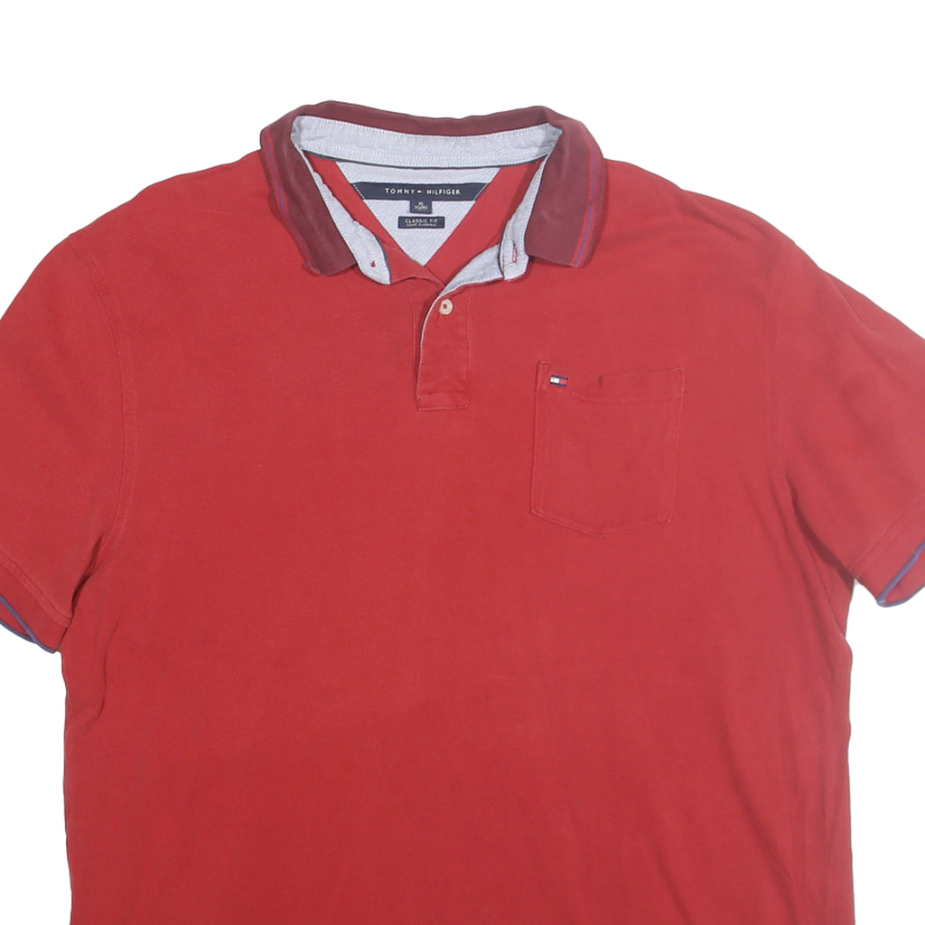 TOMMY HILFIGER Mens Red Polo Shirt Short Sleeve Plain XL Classic Fit Cotton