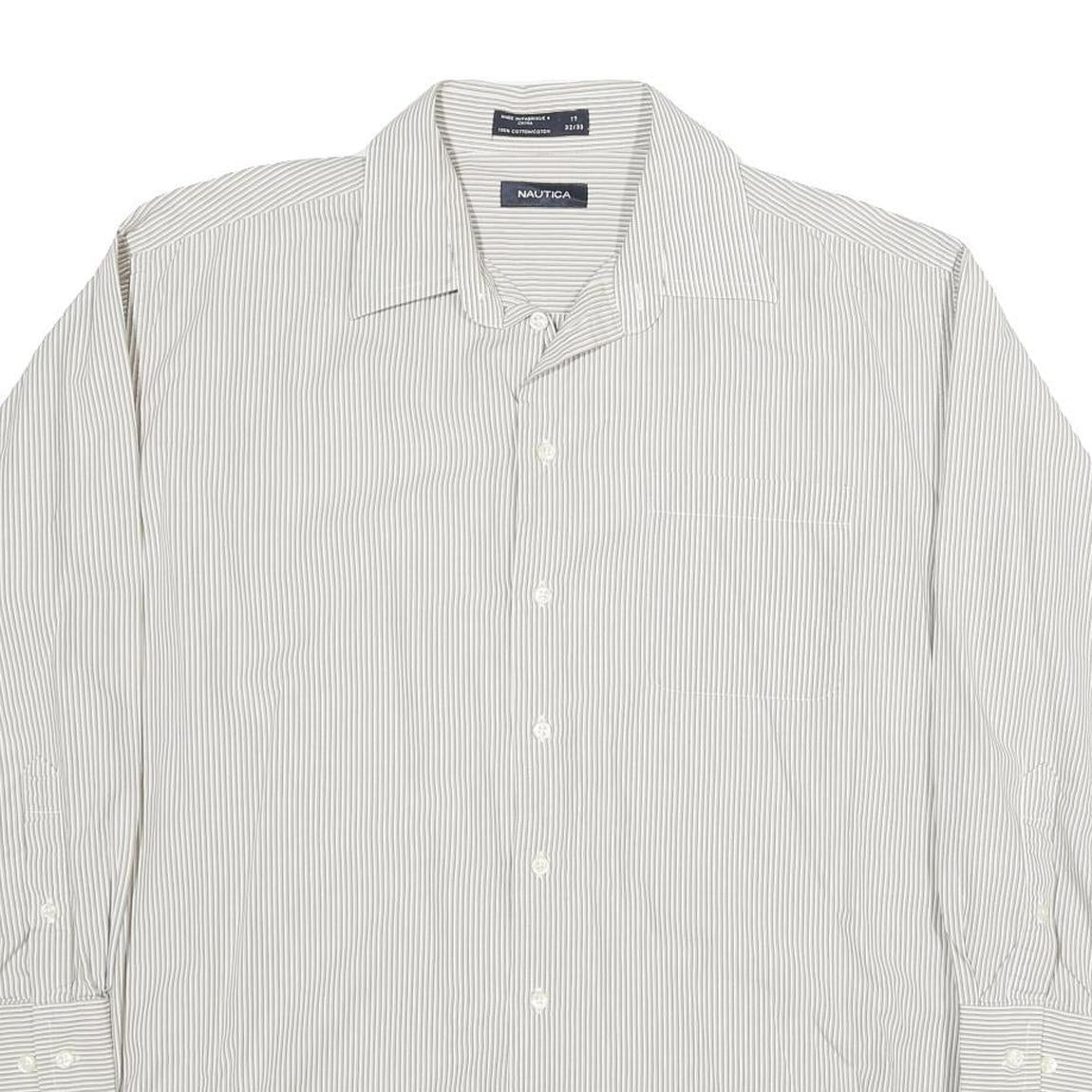 NAUTICA Mens White & Grey Stripe Regular Fit XL Cotton Shirt Long Sleeve Button