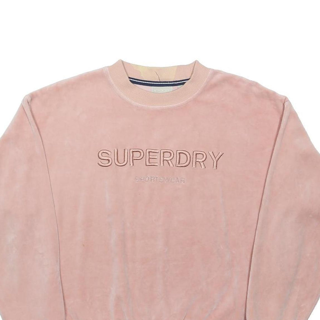 SUPERDRY Womens Pink Crew Neck Pullover UK 10 Embroidered Logo Velvet Cotton