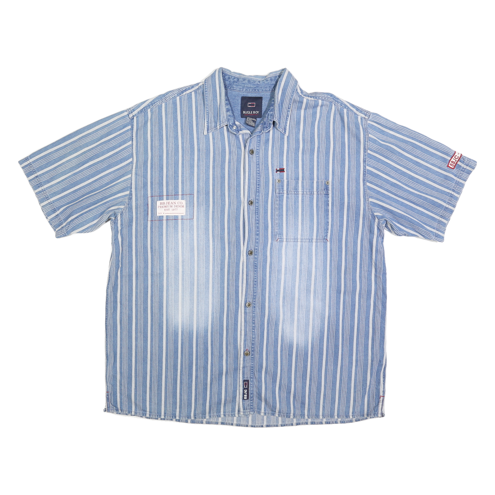 BUGLE BOY Mens Blue & White Striped Cotton Short Sleeve Shirt XL Casual